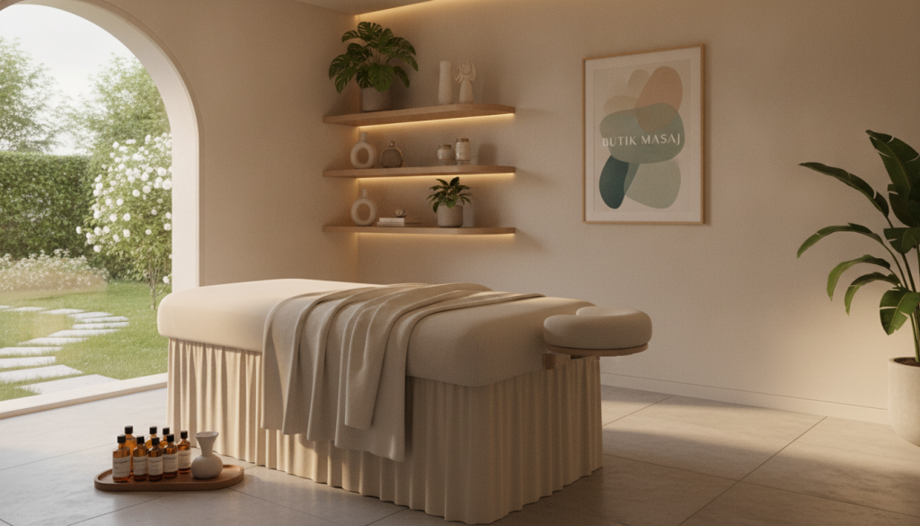 A serene massage therapy room depicting the brand "Butik Masaj." In the foreground, a luxurious massage table clothed in soft, inviting fabric. A neatly folded towel and essential oils are set to the side, hinting at relaxation and rejuvenation. The middle background showcases elegantly arranged decor, including calming artwork and soft natural elements like indoor plants. The lighting is warm and gentle, creating a tranquil ambiance, with soft shadows cast by the overhead light. In the background, a window reveals a peaceful outdoor scene, suggesting the location's charm—perhaps a view of a lush garden or a city skyline. The overall mood exudes calmness and professionalism, perfect for illustrating price variability based on location.