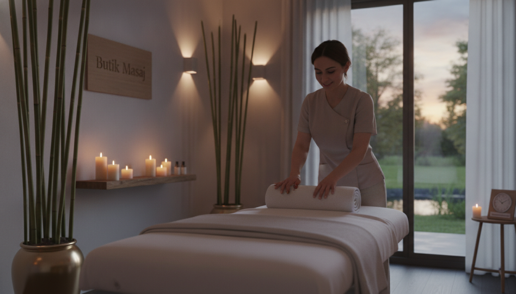A serene massage therapy room featuring the brand "Butik Masaj". In the foreground, a professional masseuse, dressed in smart casual attire, prepares a massage table with soft white linens. The middle ground showcases calming decor, including bamboo plants and soothing candles, with ambient lighting that casts a warm glow throughout the space. In the background, a large window reveals a peaceful outdoor view, enhancing the tranquil atmosphere. The image captures the essence of relaxation and professionalism, suggesting a focus on the duration of massage sessions. Soft shadows create depth, and a close-up perspective adds intimacy to the scene, evoking a sense of calm and well-being.
