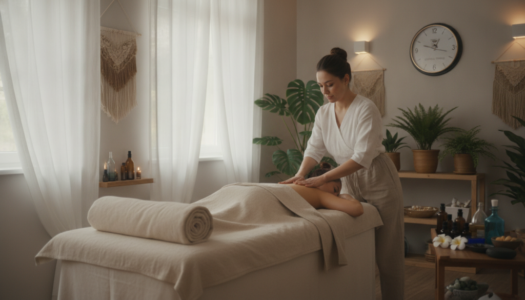 A serene massage therapy room in Mecidiyeköy, showcasing the brand "Butik Masaj." In the foreground, a calming massage table with soft, folded linens and essential oils arranged neatly nearby. The middle ground features a professional therapist in modest casual clothing, applying soothing techniques to a client. Soft, natural lighting filters through sheer curtains, creating a warm and inviting atmosphere. In the background, green plants and gentle decorative elements enhance the tranquil setting. A clock on the wall subtly indicates the ideal timing for relaxation. The mood is peaceful and restorative, emphasizing how optimal timing can enhance the massage experience.