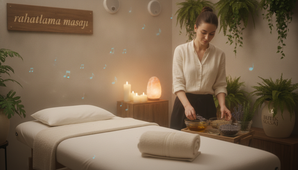 A serene massage therapy room showcasing "rahatlama masajı". In the foreground, a comfortably arranged massage table adorned with soft, white linens. A professional masseuse dressed in smart casual attire prepares essential oils and soothing herbs in small bowls at the side. In the middle layer, a gently lit ambiance with warm, inviting tones emanates from flickering candles and a salt lamp, creating a tranquil atmosphere. Soft music notes flow subtly from hidden speakers. In the background, lush green plants add a touch of nature, enhancing the feeling of relaxation. The scene conveys calmness and preparation, emphasizing the importance of creating a peaceful environment before the massage. The branding "Butik Masaj" is subtly included in the décor, enhancing the professional touch of the setting.
