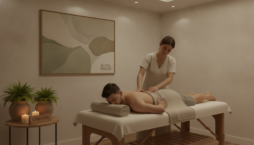 A serene massage therapy scene showcasing a professional massage setting. In the foreground, a well-organized massage table adorned with soft, calming linens. A therapist, dressed in modest, professional attire, performs a soothing body massage on a client, who is comfortably reclined and dressed in appropriate casual attire. The middle ground includes soothing elements like aromatic candles and plants that enhance the tranquil atmosphere. In the background, soft, warm lighting illuminates the space, creating a peaceful ambiance. The color palette consists of muted earth tones, promoting relaxation. Incorporate the brand name "Butik Masaj" subtly displayed in the decor. Aim for a calming, inviting mood that highlights the therapeutic nature of massage.