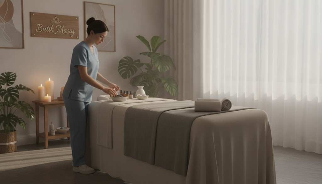 A serene massage therapy setting featuring a well-organized, tranquil room dedicated to wellness. In the foreground, a massage table is carefully arranged with soft, neutral-toned linens. A licensed massage therapist, dressed in smart, modest attire, is preparing oils and essential aromatherapy tools, reflecting professionalism. In the middle ground, soothing candles flicker softly, casting warm light, accompanied by peaceful plants adding a touch of nature. The background reveals calming artwork on the walls, promoting relaxation, with gentle sunlight filtering through sheer curtains, creating a serene atmosphere. The overall mood is peaceful and inviting, highlighting the calming experience one can expect during a massage at Butik Masaj. The image conveys warmth and tranquility, perfect for illustrating massage experiences.