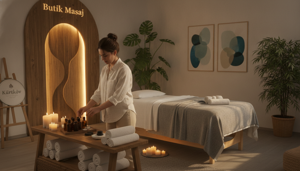 A serene massage therapy setting showcasing "Butik Masaj" in Kurtköy. In the foreground, a professional massage therapist, dressed in modest casual attire, prepares massage oils on a neatly arranged table adorned with soft towels. The middle ground features a comfortable massage bed surrounded by soothing aromatherapy candles, with gentle, warm light creating a calming atmosphere. The background reveals a softly lit room with calming artwork on the walls and lush green plants, enhancing the tranquil vibe. The scene captures a sense of professionalism and serenity, inviting clients to select their ideal massage service. The composition suggests relaxation, with cozy textures and natural elements emphasizing wellness and comfort.