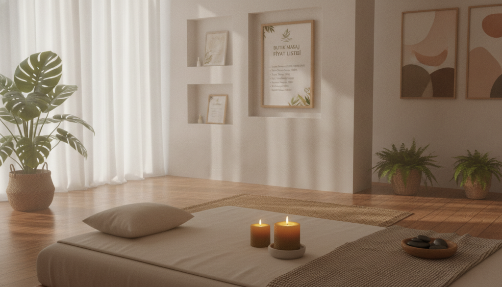 A serene massage therapy setting showcasing the branding of "Butik Masaj". In the foreground, display a beautifully arranged massage table with soft, neutral-colored linens and aromatic candles on either side. In the middle, integrate a wall featuring elegant brochures that highlight various massage packages and pricing, with a subtle focus on a price list that outlines different treatment options. The background should exhibit a calming atmosphere with soft, natural light filtering through sheer curtains, creating a peaceful vibe. Incorporate indoor plants and soothing artwork to enhance the tranquility of the environment. The overall mood should be inviting and professional, suitable for potential clients exploring massage options.