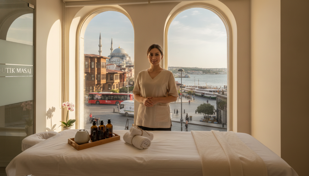 A serene scene depicting a professional massage setting in Üsküdar, Istanbul, showcasing an inviting massage studio named "Butik Masaj." In the foreground, a well-arranged massage table with soft, clean linens and calming essential oils displayed nearby. In the middle ground, a welcoming therapist in modest casual clothing prepares for a session, exuding warmth and professionalism. The background features large windows allowing natural light to flood the room, with a view of Üsküdar’s picturesque streets and easy access to transport options like buses and ferries. The atmosphere is tranquil, highlighting the ease of access for clients seeking relaxation and rejuvenation in a bustling urban environment. The lighting is soft and warm, enhancing the peaceful mood of the space.