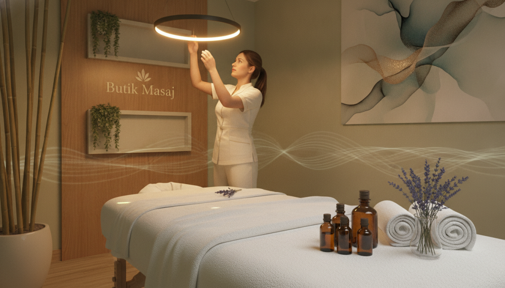 A serene spa environment featuring a luxurious massage space. In the foreground, a well-arranged massage table covered with soft white linens, adorned with natural aromatherapy oils and a small vase of calming lavender. In the middle, a skilled therapist in professional attire, gently adjusting the lighting above to create a warm, inviting ambiance. The background showcases a tranquil setting with soft, muted colors, including bamboo plants and soothing wall art. Soft, diffused lighting enhances the relaxing atmosphere, while ambient soundwaves seem to envelop the space. The branding "Butik Masaj" is subtly incorporated into the decor, ensuring it feels harmonious and integrated into the environment. The overall mood is peaceful, inviting, and focused on wellness and relaxation.