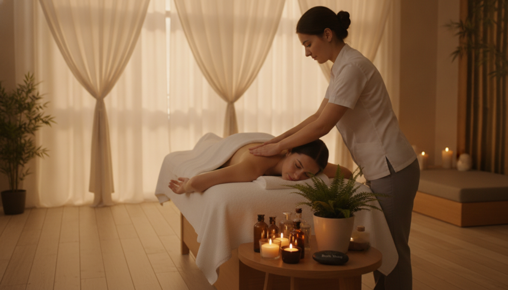 A serene spa environment highlighting a professional body massage scene to illustrate the health benefits of massage therapy. In the foreground, a therapist in modest, professional attire gently applies soothing techniques to a client, who is comfortably lying on a massage table draped with a soft, white sheet. The middle layer showcases calming elements like essential oil bottles, candles, and tranquil plants, emphasizing relaxation. In the background, warm lighting filters through softly colored curtains, creating an inviting atmosphere. The composition uses a shallow depth of field to draw focus on the massage interaction while keeping the background blurred. The overall mood is peaceful and restorative, reflecting the therapeutic aspects of massage. Branding "Butik Masaj" subtly integrated into the scene for a touch of elegance.