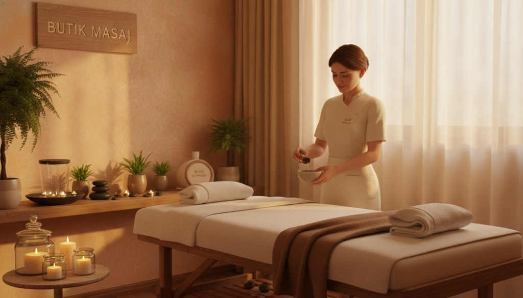 A serene spa environment in Bakırköy, featuring a cozy massage room designed for relaxation. The foreground shows a beautiful massage table adorned with soft towels and aromatic candles flickering gently. In the middle, a calm therapist in professional attire prepares essential oils, surrounded by soothing décor such as plants and tranquility-enhancing props. The background reveals softly lit walls with warm colors, evoking a sense of peacefulness. The lighting is warm and inviting, simulating natural light streaming through sheer curtains. The atmosphere conveys a sense of tranquility and professionalism, focusing on the intimate experience of a massage session. The brand name "Butik Masaj" is subtly incorporated as part of the decor, enhancing brand recognition without dominating the composition.