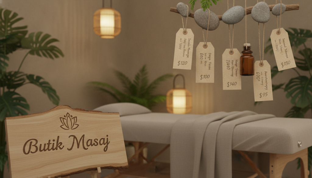 A serene spa environment showcasing various massage prices elegantly displayed in a tasteful arrangement. In the foreground, a polished wooden sign reads "Butik Masaj" with artistic fonts beside an inviting massage table adorned with calming, neutral-toned fabrics. In the middle, a soft-focus image captures an array of price tags hanging from peaceful elements like pebbles and essential oil bottles, emphasizing health and wellness. The background features a tranquil ambiance, with gentle lighting from lantern-style fixtures casting a warm glow, and plants softly arranged around, promoting relaxation. The mood is calming and professional, reflecting a dedicated focus on wellness. The angle is slightly elevated, ensuring a balanced view of all elements while drawing attention to the brand.