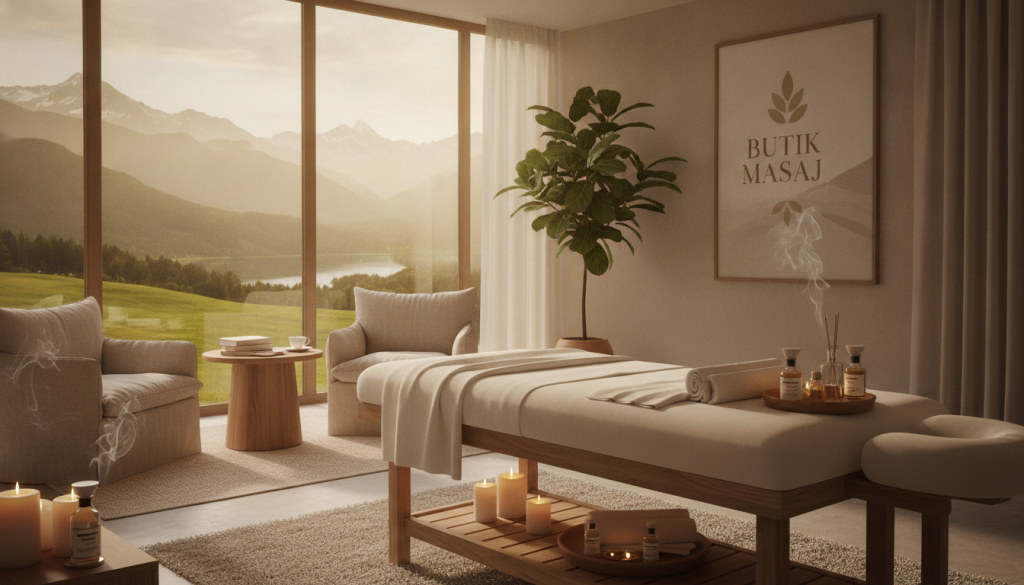 A serene spa environment showcasing various massage therapy settings, emphasizing relaxation and tranquility. In the foreground, a tastefully arranged massage table with soft white linens, surrounded by calming candles and aromatic essential oils. In the middle ground, a cozy waiting area featuring plush seating and potted plants, creating a soothing ambience. The background reveals a panoramic view of natural landscapes through large windows, allowing soft, natural light to illuminate the space. Ensure the brand name "Butik Masaj" is subtly integrated into the decor. The mood should be peaceful, inviting, and rejuvenating, ideal for relaxation and self-care. Use a warm color palette with gentle lighting to enhance the atmosphere. The image should be captured from a slight angle to provide depth and visual interest.