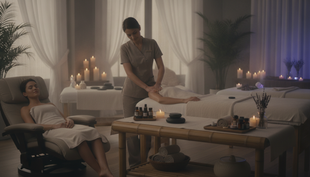 A serene spa environment showcasing various types of massages associated with "Butik Masaj". In the foreground, a well-dressed therapist gently demonstrates a calming Swedish massage technique on a fully clothed client, emphasizing relaxation. Surrounding them, a bamboo massage table is thoughtfully arranged with essential oils and warm towels. In the middle ground, various massage treatment setups are visible, including a hot stone and aromatherapy massage area, each with unique ambiance lighting that creates a soothing atmosphere. In the background, tranquil decor like soft candles and plants enhance the peaceful vibe. The lighting should be soft and inviting, simulating natural light filtering through gently draped curtains, evoking a mood of tranquility and healing. Ensure no text or logos are present.