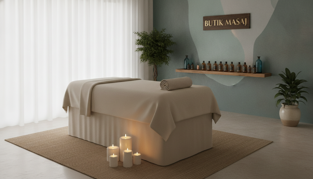 A serene spa interior featuring "Butik Masaj", showcasing a tranquil environment. In the foreground, a neatly arranged treatment room with a plush massage table draped in soft, neutral-colored linens. Elegant candles softly illuminate the scene, creating a warm glow that promotes relaxation. In the middle, there are aromatic essential oils displayed on a small wooden shelf, blending seamlessly with lush potted plants that enhance the soothing ambiance. The background features a softly painted wall with calming colors, perhaps with abstract art that evokes peace. The overall atmosphere is inviting and calming, with natural light filtering through sheer curtains, providing a sense of tranquility and comfort. The composition should capture an inviting feeling, ideal for a massage salon.