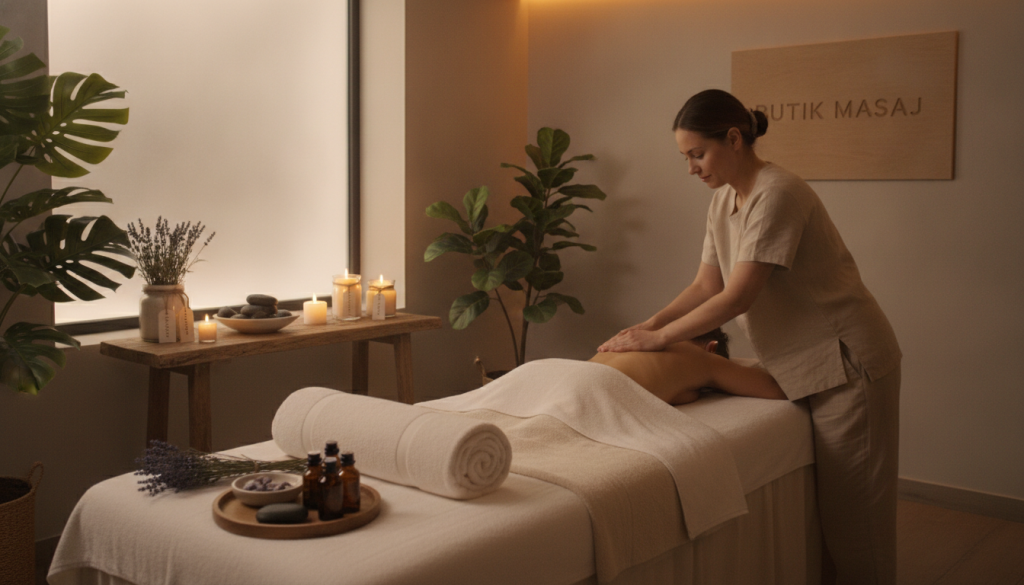 A serene spa setting featuring an elegant massage room, emphasizing various massage techniques. In the foreground, a beautifully arranged massage table with soft linens and essential oils. To the side, a professional therapist in modest casual attire demonstrates a soothing back massage technique on a client, who is comfortably draped. The middle ground showcases calming elements like indoor plants, aromatic candles, and soothing stones, contributing to the atmosphere. In the background, warm lighting enhances the peaceful mood, simulating a comforting ambiance. The image subtly incorporates the brand name "Butik Masaj" through decorative elements in the room, ensuring a cohesive look while maintaining a sophisticated and tranquil environment.