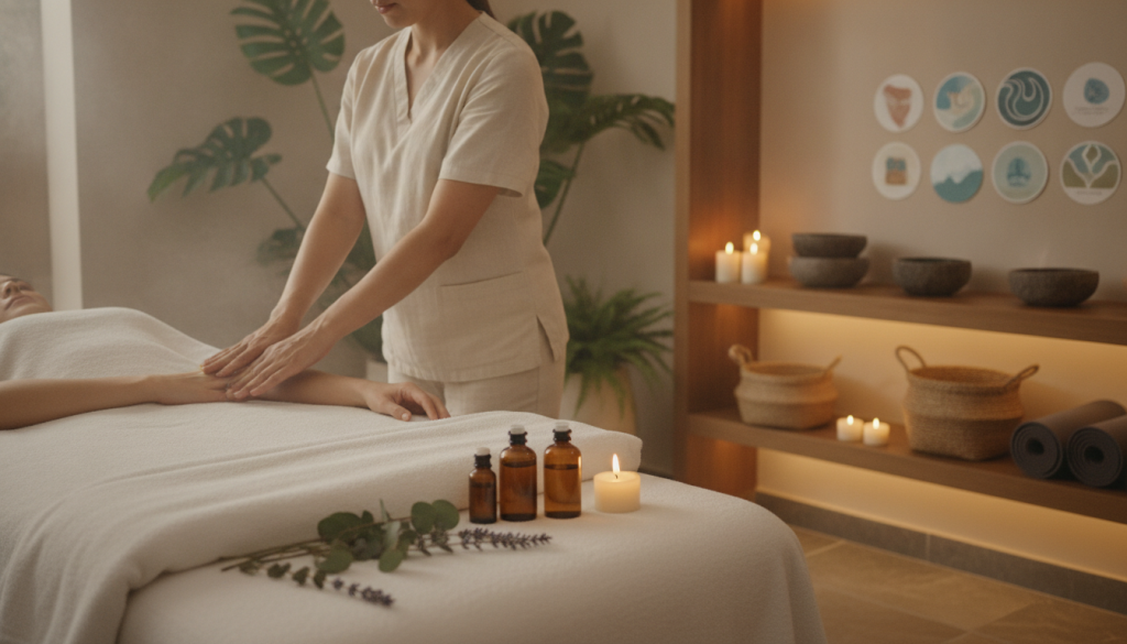 A serene spa setting showcasing wellness and relaxation. In the foreground, a beautifully arranged massage treatment table with soft, fluffy towels and calming essential oils. The middle layer features a professional therapist in modest casual attire, demonstrating a gentle massage technique, exuding tranquility and expertise. In the background, soft ambient lighting creates a warm atmosphere, with lush green plants and calming decor that reflects the essence of Butik Masaj. The overall mood is serene and inviting, perfect for a luxurious massage experience. A well-organized display of various massage packages and pricing options subtly integrated into the scene without any text or overlays, ensuring the focus remains on the visual elements. The scene is captured with a soft-focus lens for a dreamy effect.
