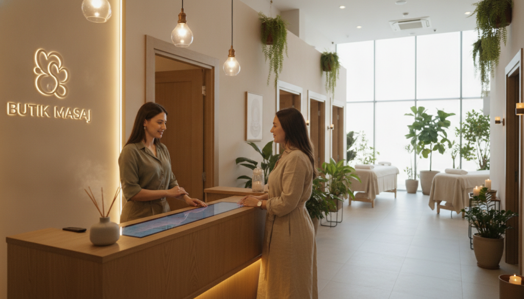 A serene, tranquil spa reception area designed for "Butik Masaj," featuring a cozy ambiance with soft, warm lighting. In the foreground, a well-dressed receptionist engages in a professional conversation with a client, both wearing modest clothing. The middle ground showcases elegant massage rooms with calming decor, aromatic candles, and plush massage tables. In the background, large windows allow natural light to pour in, illuminating lush indoor plants that enhance the peaceful atmosphere. The overall mood is inviting and relaxing, perfect for planning appointment times. The angle captures the warmth of the space, emphasizing the importance of selecting the right time for a massage appointment.