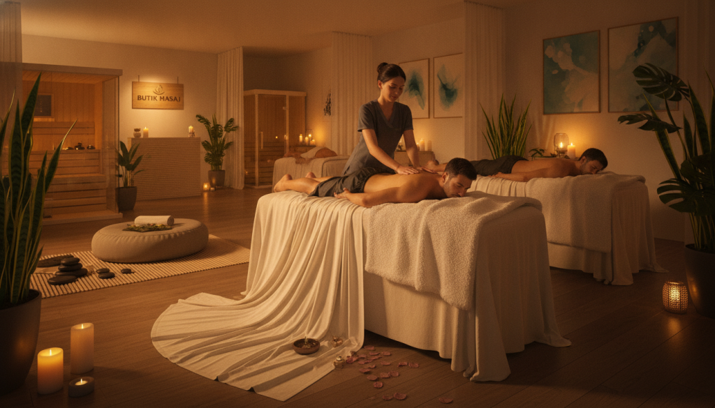 A serene wellness environment showcasing various massage types offered by "Butik Masaj." In the foreground, a cozy massage room with soft lighting, featuring a plush massage table draped in luxurious linens. In the middle ground, a skilled therapist in a professional outfit demonstrates a soothing Swedish massage technique on a client wearing modest, comfortable clothing. The background includes tasteful decor, such as calming plants and gentle artwork, enhancing the peaceful atmosphere. The lighting is warm and inviting, creating a tranquil mood. The camera angle is slightly elevated, capturing both the action and the serene ambiance of the space. The overall image communicates relaxation and the variety of massage techniques for wellness.