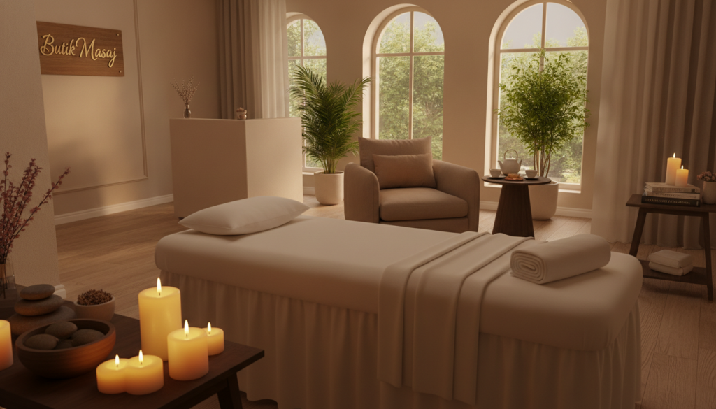 A tranquil and inviting interior of a luxury massage salon, named "Butik Masaj," captured in a soft, warm light. In the foreground, a beautifully arranged massage room with a comfortable massage table, soft towels, and aromatic candles creating a serene atmosphere. In the middle, a plush recliner and a small table with herbal teas and relaxation books. In the background, gentle greenery is visible through large windows, enhancing the peaceful aura. The overall composition should reflect a harmonious blend of elegance and relaxation, emphasizing comfort and professionalism. The scene conveys an environment ideal for unwinding and rejuvenation, inviting customers to experience top-notch wellness services.