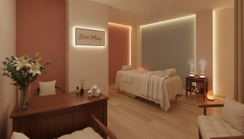 A tranquil and inviting massage salon in Maltepe, showcasing a soft, warm ambiance. The foreground features a beautifully arranged reception area with elegant wooden furnishings, fresh flowers, and soothing decor. In the middle, a serene treatment room displays a massage table draped in soft, white linens, complemented by calming essential oil diffusers. The background reveals subtle, warm lighting that creates a relaxing atmosphere, with soft pastel colors adorning the walls. A sign reading "Butik Masaj" is tastefully displayed on one wall. Use a wide-angle lens to capture the entire scene, emphasizing the cozy, welcoming vibe. The mood is peaceful and restorative, ideal for clients seeking relaxation and tranquility.