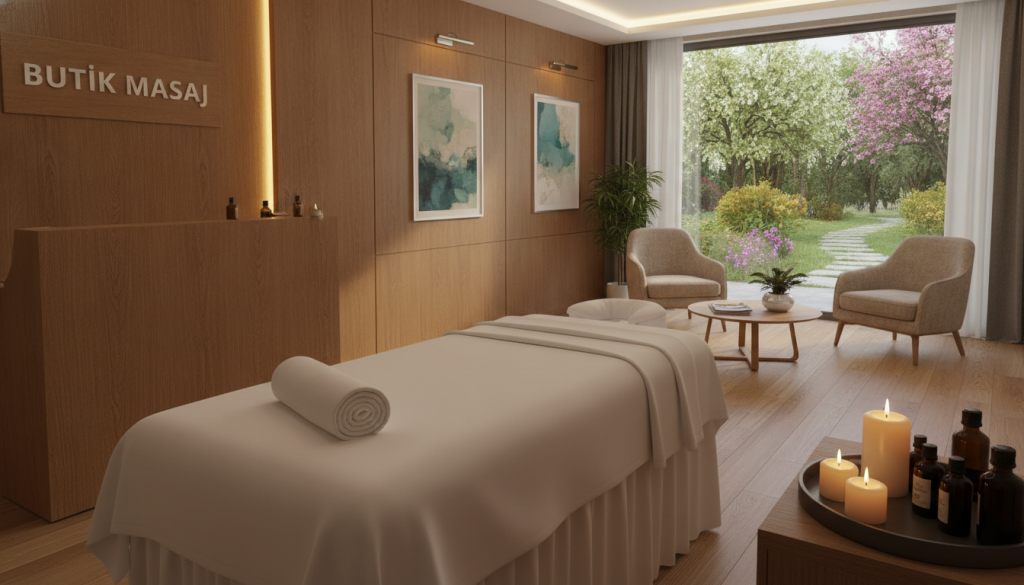 A tranquil and inviting massage salon interior in Büyükçekmece, named "Butik Masaj". In the foreground, a serene treatment room features a plush massage table draped with soft white linens, aromatic candles, and soothing essential oils. The middle layer showcases a warm wooden decor with tasteful art pieces on the walls and plush seating for clients. Soft ambient lighting enhances the peaceful atmosphere, casting gentle shadows that evoke relaxation. In the background, a lush green window view overlooking a calm garden brings nature indoors. The scene radiates calmness, designed to inspire a sense of comfort and professionalism, suitable for a massage appointment. The image should be captured from a slightly elevated angle, emphasizing the inviting layout and harmonious color palette.