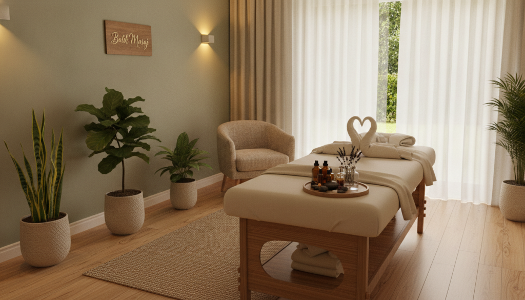 A tranquil and inviting massage therapy room, representing "Butik Masaj". In the foreground, a beautifully arranged massage table with soft towels, and calming essential oils neatly displayed. The middle layer features ambient lighting casting a warm glow over the space, along with soft, natural textures like wooden accents and soothing decorative elements such as plants. The background showcases a serene window with sheer drapes allowing gentle sunlight to filter in, enhancing the peaceful atmosphere. The color palette should be soft and inviting, featuring earth tones for a comfortable vibe. This image embodies relaxation and professionalism, suitable for showcasing how to choose the right massage space.
