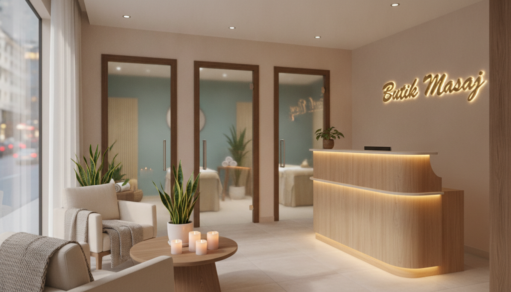 A tranquil and inviting scene of a massage salon named "Butik Masaj" in Mecidiyeköy. In the foreground, a serene receptionist area with a stylish reception desk, softly lit by warm, ambient light, creating a welcoming atmosphere. A comfortable seating area with plush chairs and soothing decorative elements such as candles and plants. In the middle ground, massage rooms are visible through elegant frosted glass doors, featuring calming tones and soft textures like bamboo and linen. The background shows a city street outside, hinting at the bustling traffic of Mecidiyeköy, but with a blurred effect to emphasize the peaceful interior. Capture the overall mood of relaxation and professionalism, using soft natural lighting that enhances the warm, calming colors throughout the space.