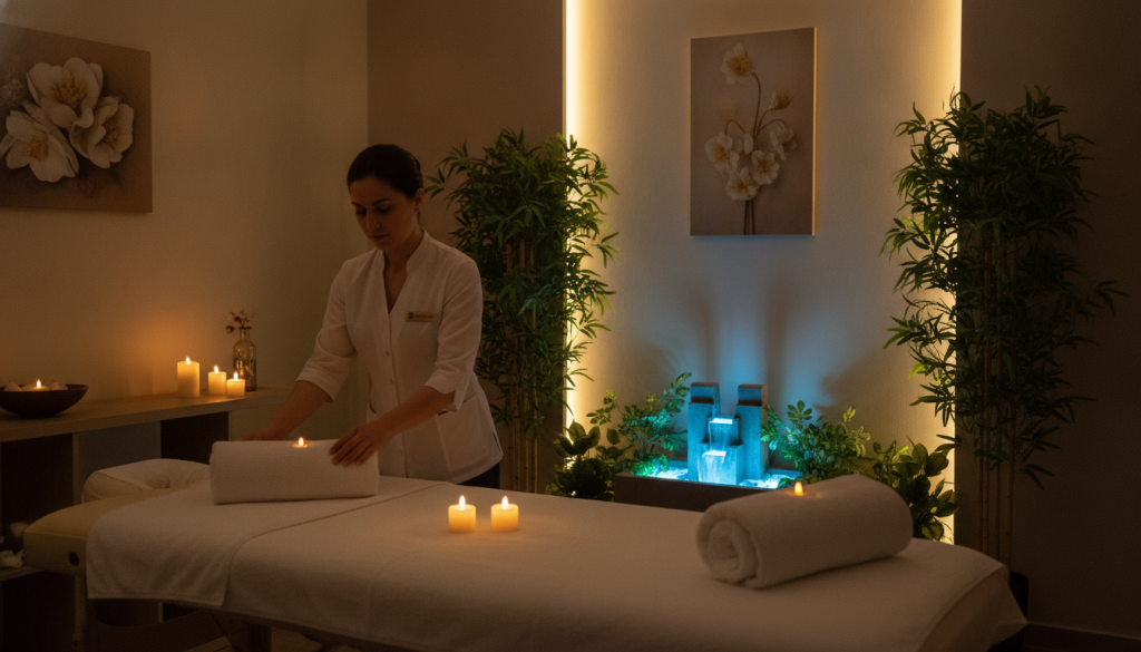 A tranquil massage room at Butik Masaj in Çekmeköy, elegantly designed with soft, warm lighting to create a soothing atmosphere. The foreground features a professionally dressed massage therapist, focused and attentive, preparing a massage table adorned with soft white towels and serene candles. In the middle, a small indoor water fountain gently flowing, adding to the calming ambiance, surrounded by lush green plants that bring a sense of nature indoors. The background shows a softly illuminated wall with peaceful decorative elements and art that promote relaxation. The image captures an inviting mood, emphasizing wellness and self-care, making it ideal for planning a massage appointment. Subtle shadows enhance the peaceful environment, while the overall composition is well-balanced and serene.