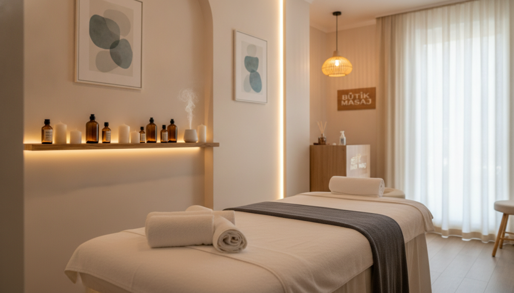 An inviting interior of a massage salon called "Butik Masaj" in Sefaköy, featuring a warm and serene atmosphere. The foreground captures a calming massage room with soft, neutral-toned walls, a comfortable massage table adorned with plush towels, and gentle ambient lighting that casts a soft glow. In the middle, a tasteful arrangement of essential oils and soothing candles set on a wooden shelf adds to the relaxation theme. The background showcases serene artwork on the walls and soft drapery framing a window with diffused natural light filtering in, evoking a sense of peace. The overall mood is tranquil and professional, inviting guests to unwind. The perspective is from a slight angle to highlight the depth of the space, creating an inviting visual experience.