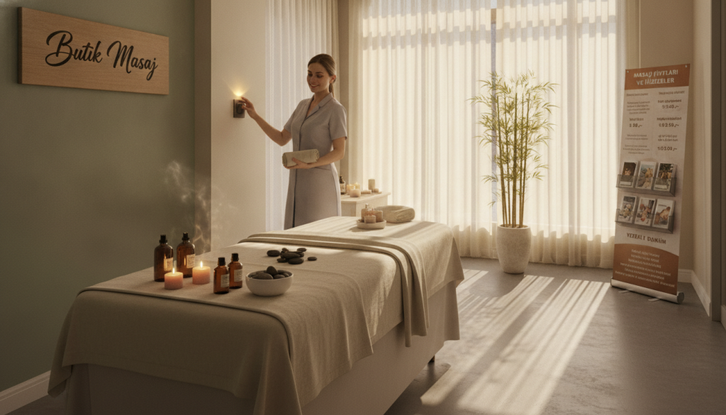 An inviting salon interior showcasing a tranquil massage space titled "Butik Masaj." In the foreground, a beautifully arranged treatment table with soft, neutral linens; essential oils and candles create a calming atmosphere. The middle ground features a therapist in professional attire, gently adjusting the lighting or preparing the space, exuding a sense of professionalism and warmth. In the background, soft bamboo plants and soothing colors enhance the serene ambiance, while natural light filters through sheer curtains, casting gentle shadows. The overall mood is peaceful and relaxing, inviting viewers to explore the comforting world of massage pricing and services, with a focus on quality care and local specificity.
