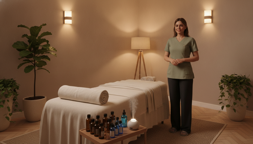 Create a serene and inviting interior of a massage therapy room, showcasing the calming ambiance associated with 'Butik Masaj' in Mecidiyeköy. In the foreground, depict a professionally arranged massage table with soft, neutral-toned linens, complemented by soothing essential oils on a sleek wooden shelf. The middle layer should feature an experienced massage therapist, dressed in neat, modest attire, demonstrating a gentle, inviting posture, conveying relaxation and professionalism. In the background, illustrate soft, ambient lighting emanating from elegant lamps, along with lush greenery, such as potted plants, contributing to a tranquil atmosphere. Use a warm color palette to evoke feelings of peace and comfort, ensuring the space feels welcoming and serene, ideal for relaxation and therapeutic escape.