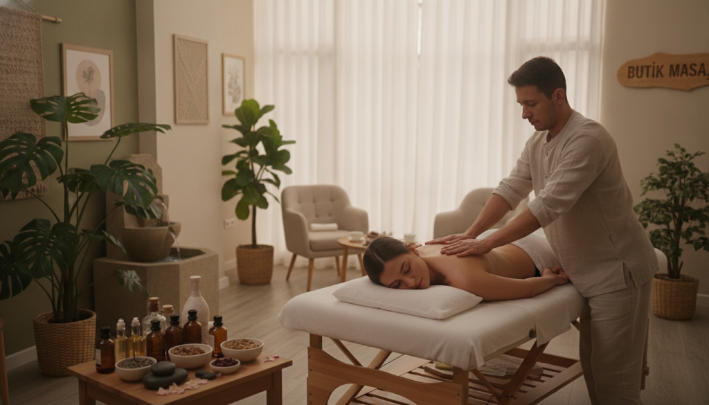 Create an inviting and tranquil scene that showcases different massage techniques offered at Butik Masaj in Kartal. In the foreground, illustrate a professional massage therapist in modest, casual clothing demonstrating a calming shiatsu technique on a client, who is fully clothed and relaxed on a massage table. The middle ground should feature various massage oils and essential oils elegantly arranged, reflecting a sense of professionalism and care. In the background, depict a serene spa environment with soft lighting, lush indoor plants, and calming decor, evoking a peaceful atmosphere. Use warm, soft lighting to enhance the soothing ambiance, and capture the scene from a slightly elevated angle, inviting viewers to feel the tranquility of the space.